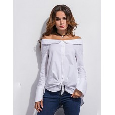 Women's Casual/Daily Street chic Spring / Fall ShirtSolid Boat Neck Long Sleeve White Cotton Medium