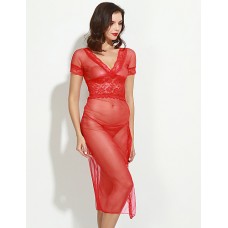 Women's Sexy Mesh and Lace V Neck Maxi Nightwear Gown