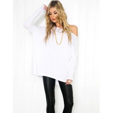 Women's Casual/Daily Sweet Sexy Fall T-shirt,Solid Round Neck Long Sleeve White / Black Cotton Medium