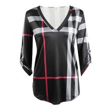 Women's Casual/Daily Vintage / Simple Fall / Winter T-shirtPlaid V NeckSleeve Pink / White / Black Cotton / Rayon Thin