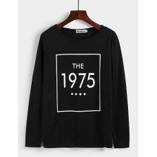 Women's Casual/Daily Street chic Spring / Fall T-shirtLetter Round Neck Long Sleeve White / Black Cotton Medium