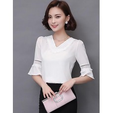 Women's Going out Street chic Fall Blouse,Solid V Neck ? Length Sleeve White Polyester Thin